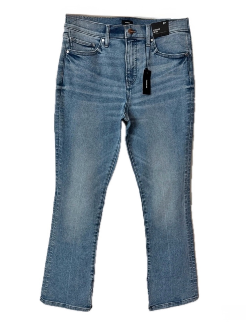 NWT Express Skyscraper Mid Rise Straight Leg Jeans 12 Short Light Wash Slit Hem